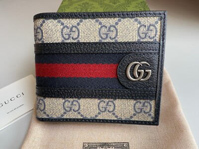 Gucci GG Leather Men's Bifold Wallet Coin Pouch Navy/Red | eBay