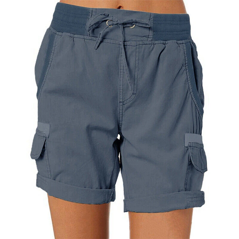 Plus Size Women's Elastic Waist Drawstring Hot Pants Ladies Solid Cargo Shorts - Image 3 of 4