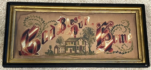 C. 1900 Victorian Punchwork Needlework Sampler Motto God Bless Our Home