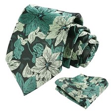 Mens 3.35inches Large Floral Pattern Necktie and Printed Pocket 159-green sage