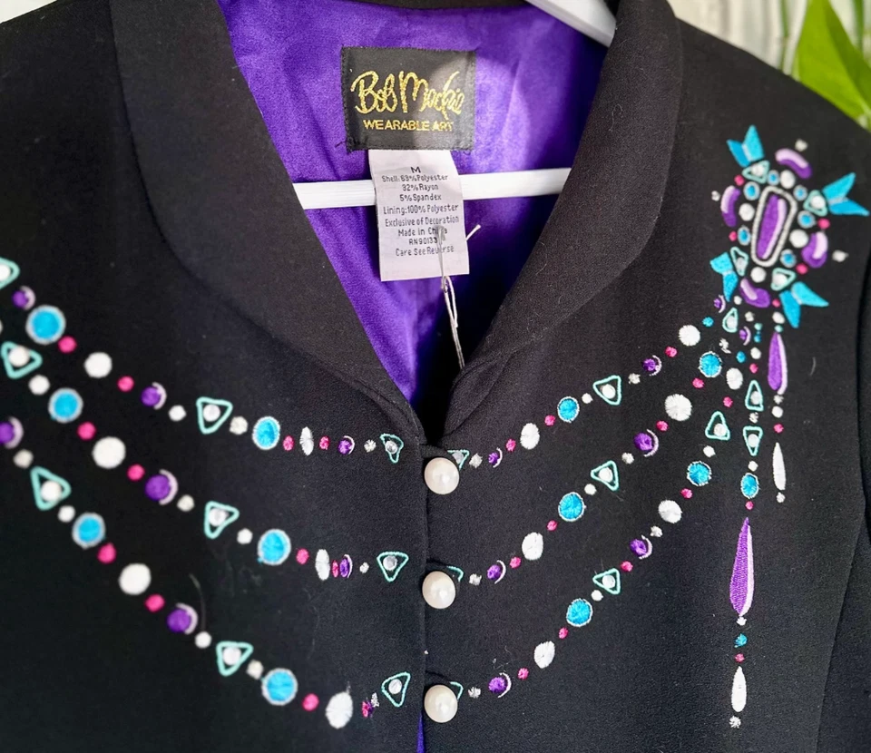 CHAQUETA NEGRA BOB MACKIE DE COLECCIÓN Arte Usable Estrás Perla Bordada Púrpura M Foto 4 de 4