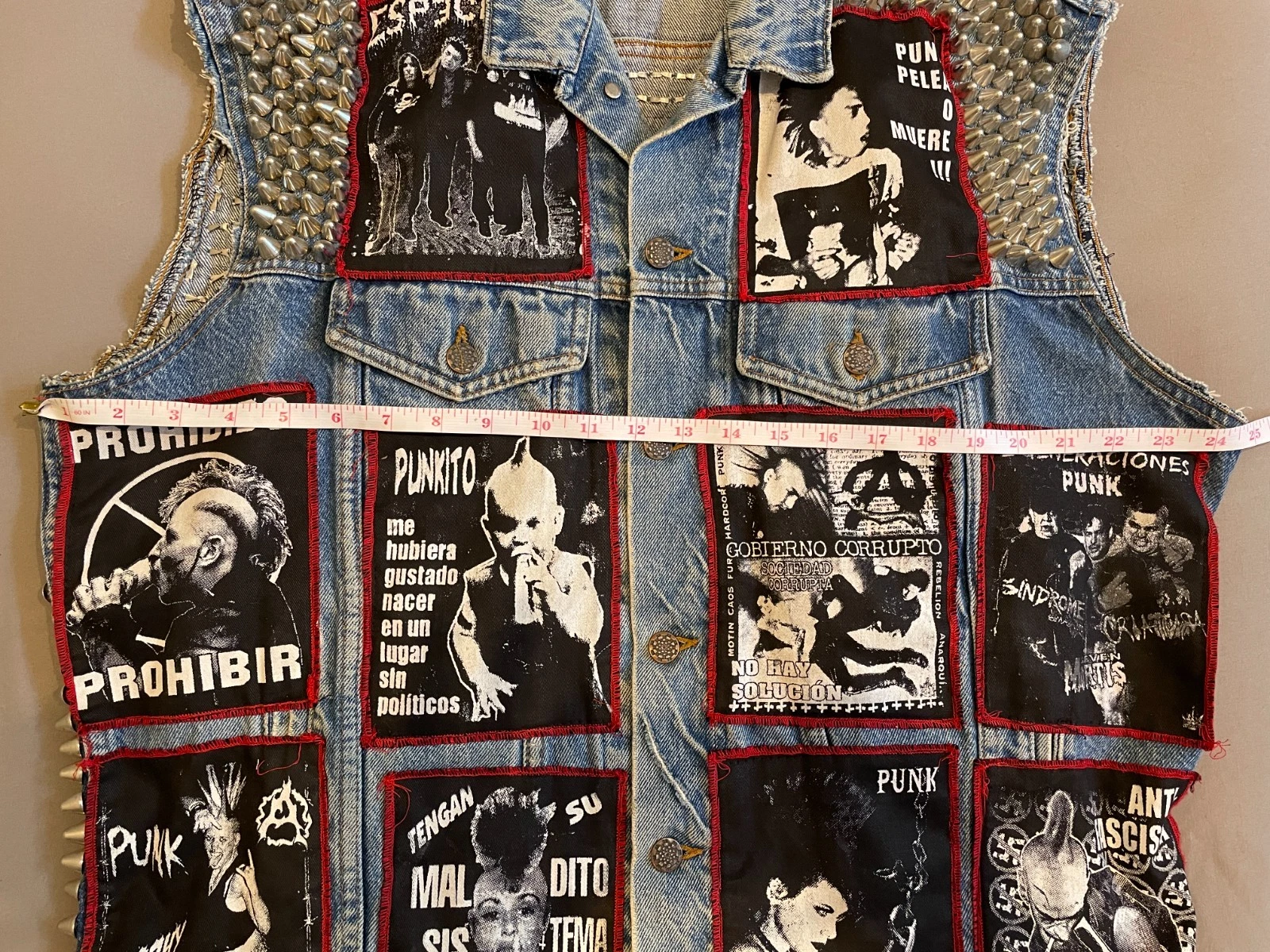 RARE Mexican/Latinx PUNK vest. Los Crudos, Tozcos Studded, patched, denim L / XL image 3