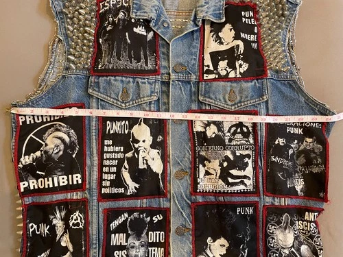 RARE Mexican/Latinx PUNK vest. Los Crudos, Tozcos Studded, patched, denim L / XL image 3