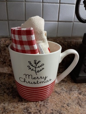 NWOT Merry Christmas Sleigh Bell Bistro Mug With 2 Towels Gingerbread Home Sweet