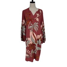 Soft Surroundings Tierra Gauze Burnt Orange Beaded Palm Tree Caftan Dress L
