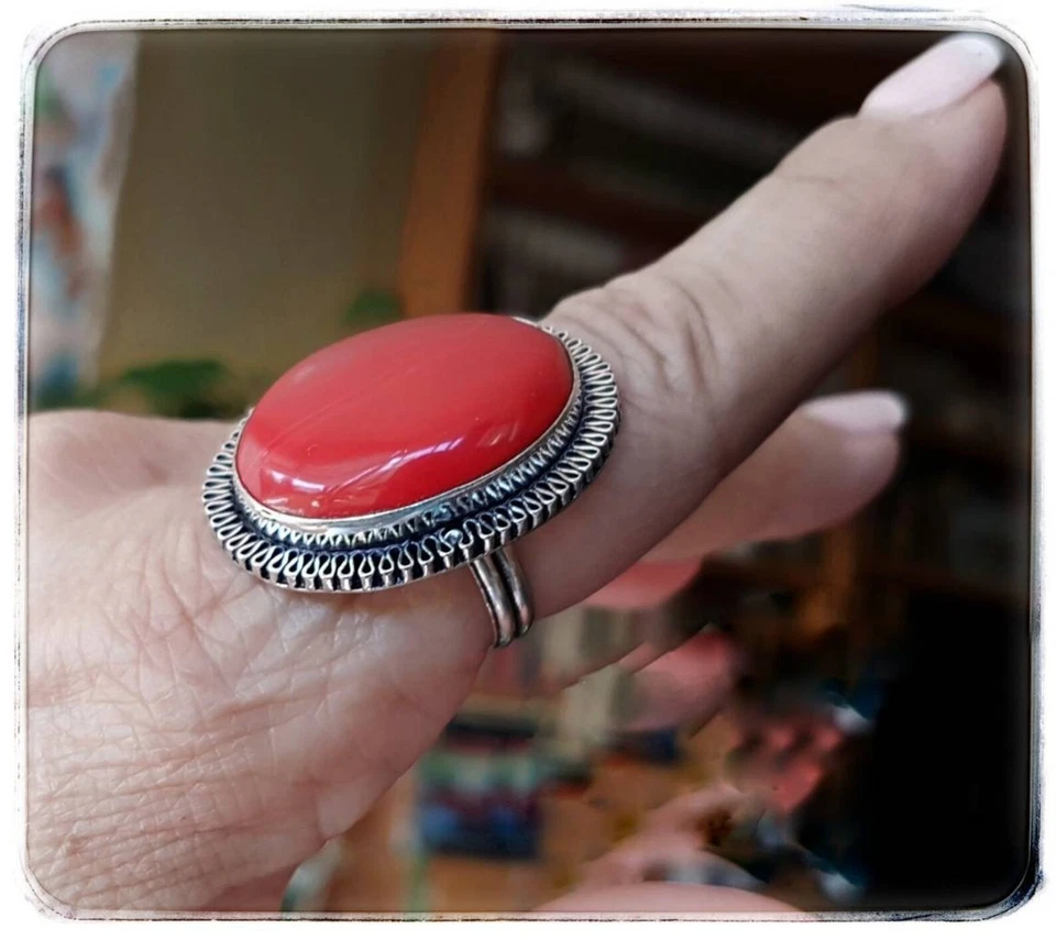 Natural Red Coral Ring 925 Sterling Silver Handmade Ring Birthstone Ring Jewelry - Image 3 of 4