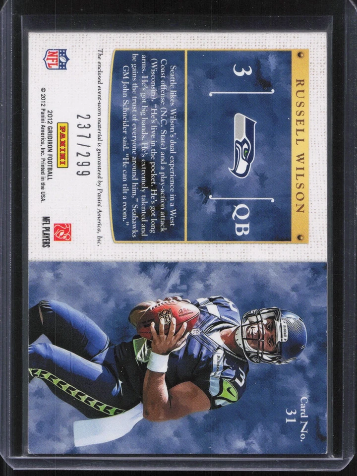 2012 Gridiron Kings #31 Russell Wilson Rookie Gridiron Kings Relic #/299 - Image 2 of 2