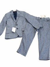 H M Boy's Kids 2 Piece Blue Suit Brown Suede Elbow Patches Cotton Size 4-5 NWT