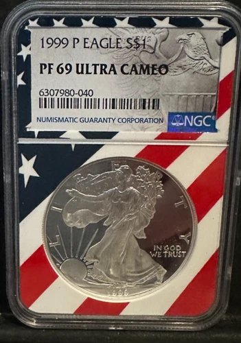 1999-P Silver American Eagle PF69 ULTRA CAMEO Flag Core