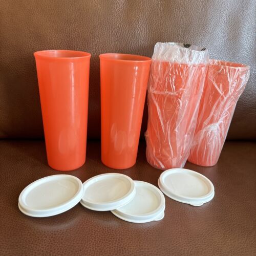Tupperware 6379 Set of 4 Tangerine 16oz Tumblers with White 4922 Lids NEW! - Picture 2 of 9