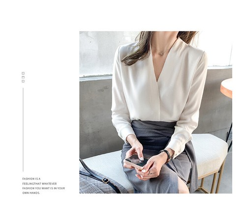 Elegant Spring White Chiffon Shirt Women's Tops V-Neck Solid Long Sleeve Blouse - Picture 8 of 23