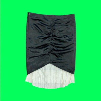 RUBY SIX Ruched Ruffled Pencil Satin Skirt, Accent Gem Buttons, Black,  UK 12