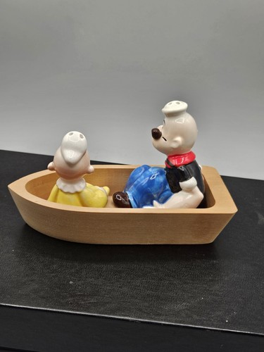 Popeye and Sweetpea In Wood Boat Salt and Pepper Shakers Ceramic - Picture 3 of 7