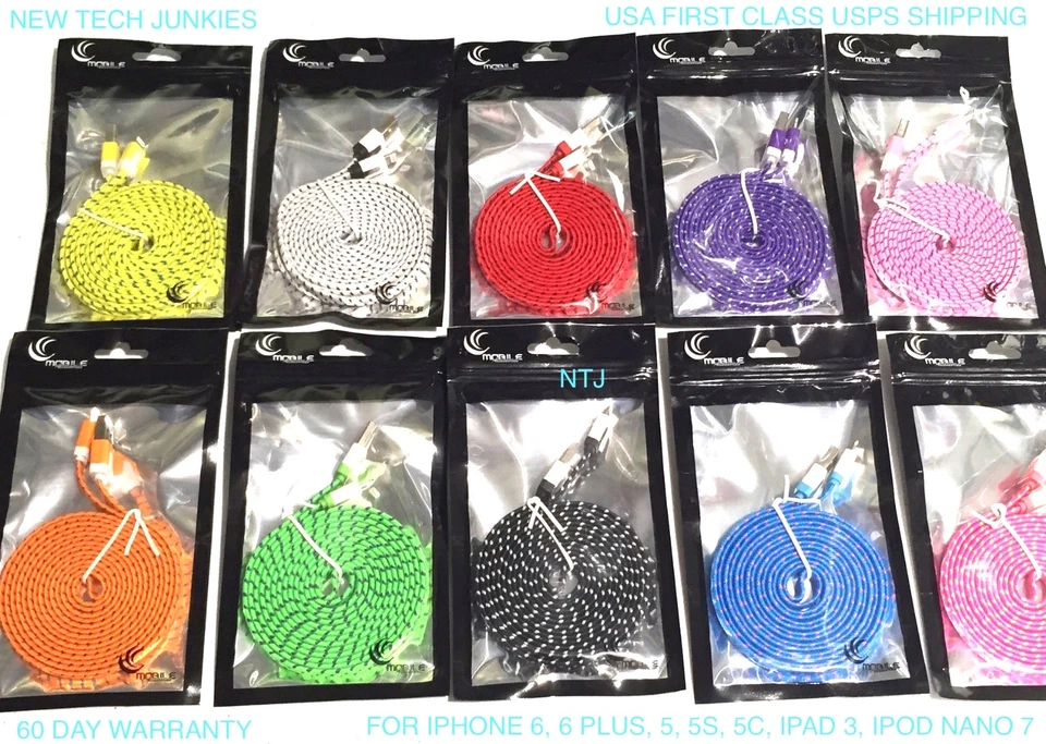 Flat Braided Noodle Fabric Micro USB Charger Cable for iphone 8 7 6 4 5s 5c plus - Image 3 of 4
