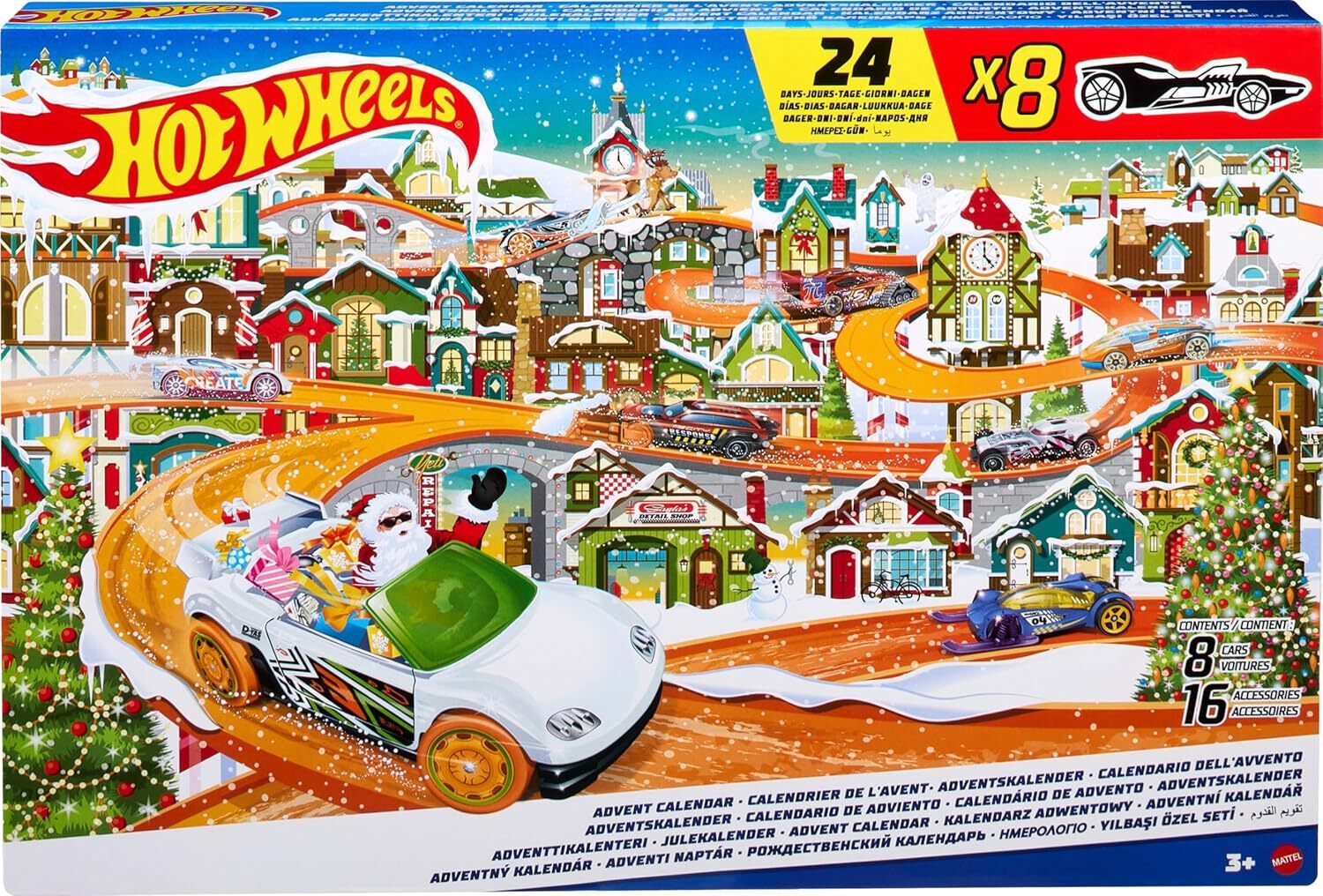 Hot Wheels Toy Car Set, 2023 Advent Calendar with 8 1:64 Scale Vehicles, 16 Acce