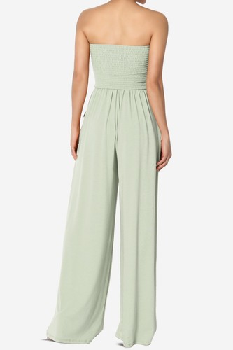 TheMogan Strapless Wide Leg Jumpsuit Casual Smocked Bodice Flowy Pants One-Piece - Picture 46 of 49