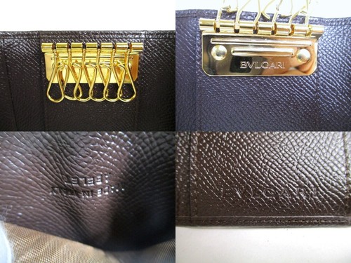 Authentic BVLGARI Dark Brown Leather Gold H/W 6 Pics Key Chain #a389 - Picture 9 of 12