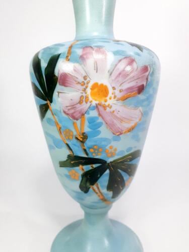Antique Victorian Hand Blown Painted Milk Glass Vase Blue & Enamel Floral Motif - Picture 7 of 12