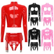 Women's Wet Look Dance Outfits Hollow Out Back Zipper Crop Top with Booty Shorts