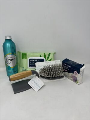 Grove Co. Essential Cleaners Set Lavender- Kitchen Wipes-Hand Soap/Tub Brush New
