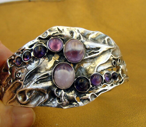 Amethyst Cuff Bracelet 925 Sterling Silver Handmade Hadar Designers (H 313b)LAST - Picture 2 of 5