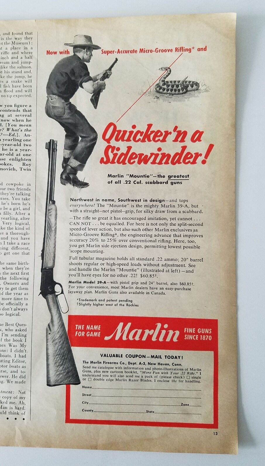 1955 Marlin mountie 22 お得クーポン発行中 caliber quicker a うのにもお得な Sidewinder Scabbard gun
