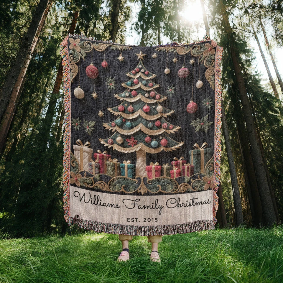 Custom Family Name Christmas Tree Woven Blanket Throw Tapestry Keepsake Gift - Image 2 of 4