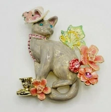 Kirks Folly Cat in Top Hat with Flowers & Tea Cup Enamel Brooch Pendant Goldtone