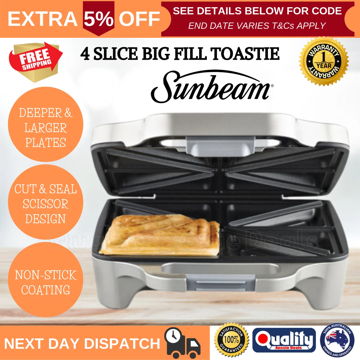 Sunbeam Toasted Sandwich Press Toaster Large 4x Jaffle Maker