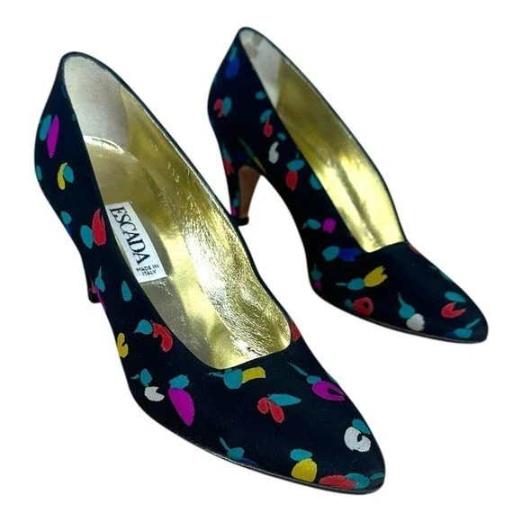 Zapatos de tacón vintage 7AA para mujer de Escada en satén de los años 80 coloridos VTG Clowncore Party Prom Foto 3 de 4