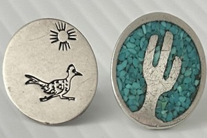 2 Vintage Silver Inlaid Cactus Roadrunner Bird Golf Ball Marker AZ COP? Castings