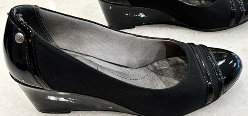 A+ LifeStride Black Stretch & Patent Leather Wedge Pumps 8 M Juliana Cushy Comfy