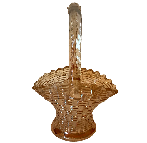 MARIGOLD CARNIVAL GLASS BASKET 5 3/4" Basketweave Vintage - Picture 3 of 7