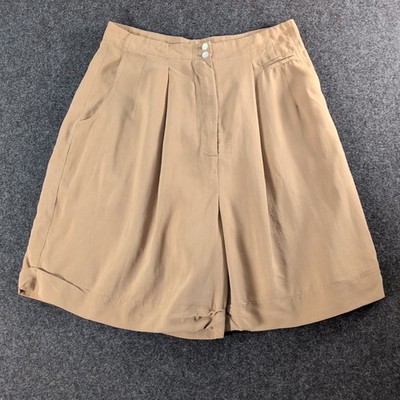Vintage Express Silk Shorts 100% Silk Beige Size 5/6 High Waist Pleated 90s