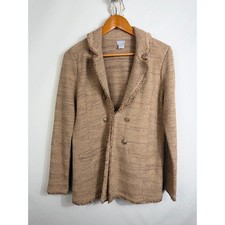 Chico's Blazer Women M Tan Gold Metallic Knit Frayed Trim Professional Jacket 1
