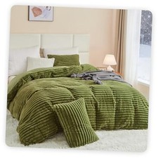 Fluffy Faux Fur Duvet Cover Queen 90" x 90" 01 - Olive Green No Comforter 