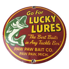 Vintage Lucky Lures Sign - Fishing Paw Paw Tackle Box Gas Porcelain Sign