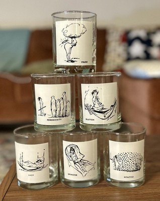 Vintage Mid-Century Humor Glasses Set of 6 Lowball Barware  Quirky Retro Cartoon