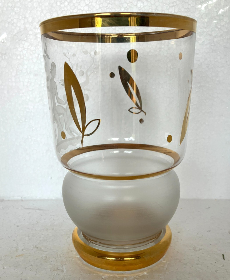 A genuine Loetz-style art glass vase with gold-painted Eve and Serpent etching — a rare piece of wearable mythology for a shelf.