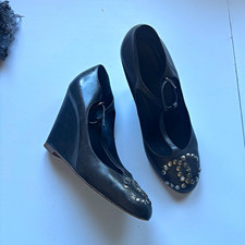 Chanel Black Leather Studded Logo Mary Jane Wedges 39.5