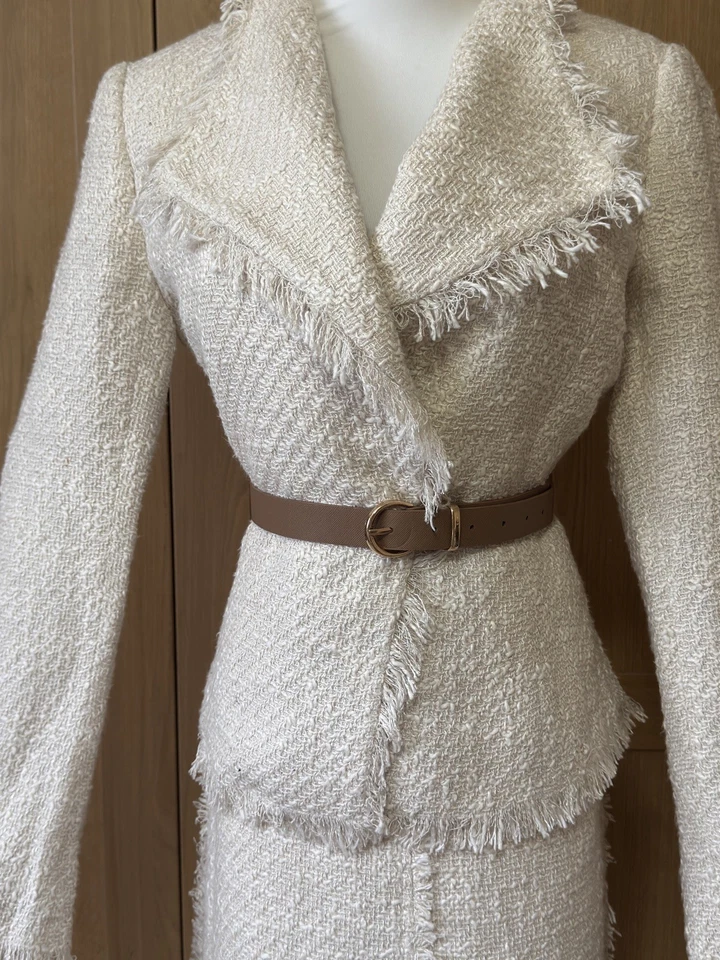 Blazer e saia vintage Zara 2 peças terno de tweed bege marfim EUR 38/Reino Unido 8 ajuste fino - Imagem 3 de 4