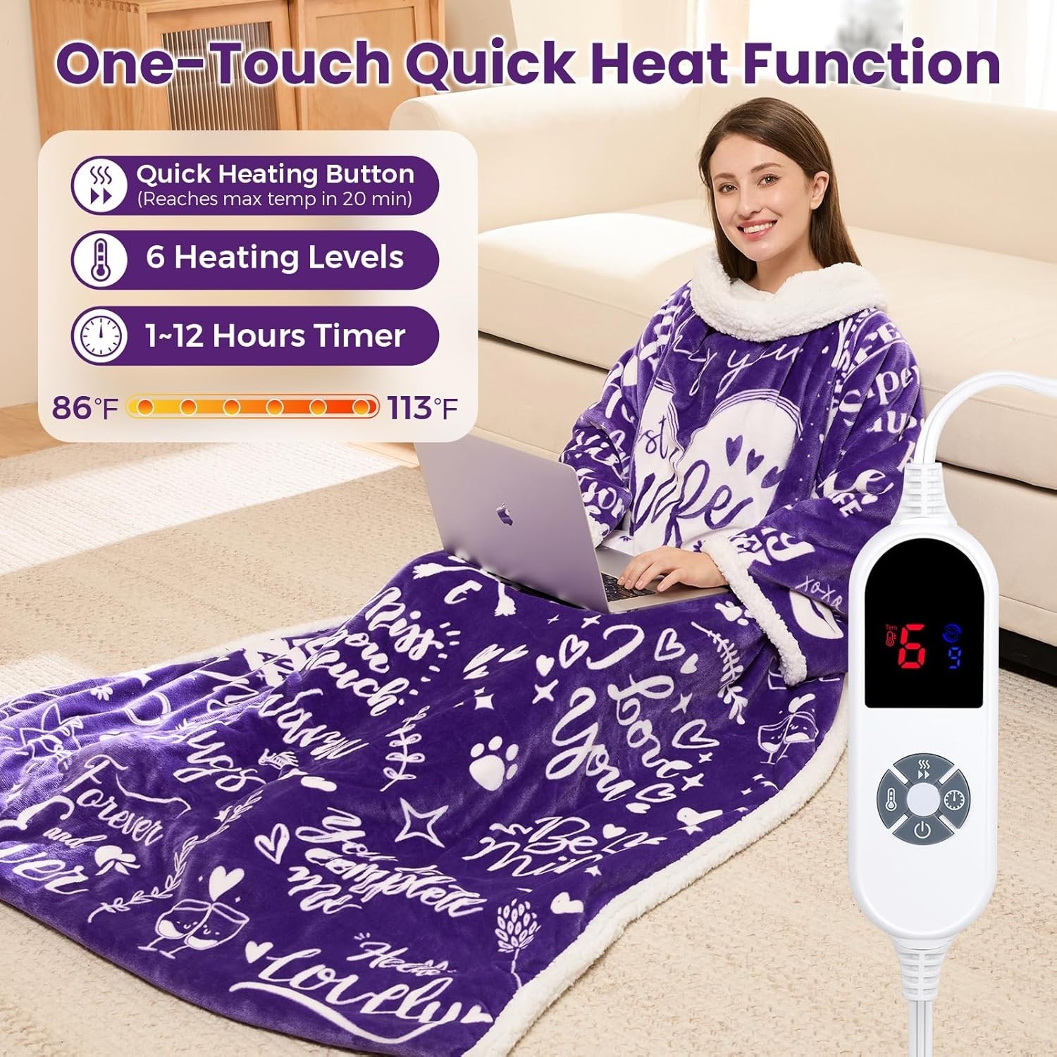 Wearable Heated Blanket with Sleeves Foot Pocket Electric Throw for Women Gift
