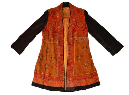 Unikat Ritu Kumar Jacke Ethno Print bestickt hellbraun/Leder Vintage Jacke (S) - Bild 10 von 10