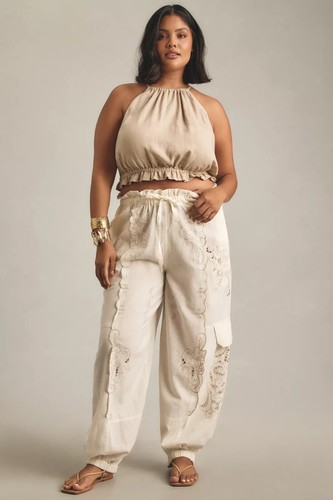 By Anthropologie Embroidered Linen Pull-On Joggers SIZE S white new witht ag - 第 8/8 張圖片
