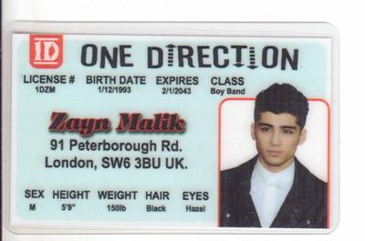 Zayn Malik ONE DIRECTION novelty plastic collectors card Drivers