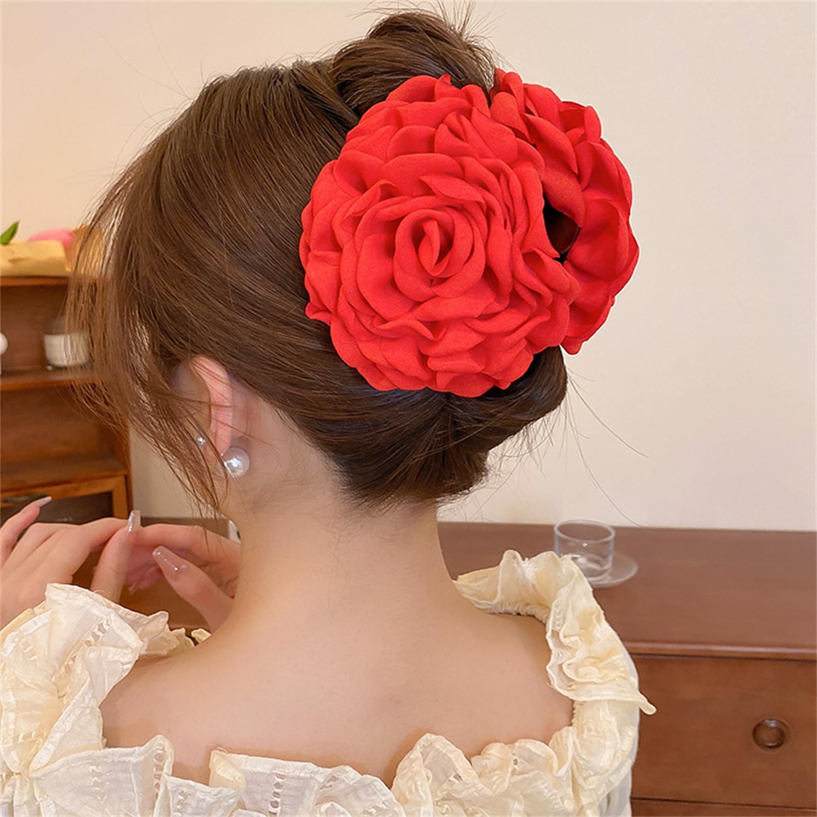 Large Rose Floral Hair Claws Bow Clips for Hair Bun Updo Red 4.72