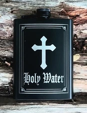 Holy Water - Engraved Black Stainless Hip Flask 8oz.
