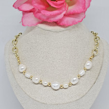 White Natural Baroque Freshwater Pearl Choker Necklace 21" Gold Tone Chain