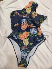 Sz LRG Bathing Suit One Piece Cross The Sholder Strap Navy Blue Floral Exterior 