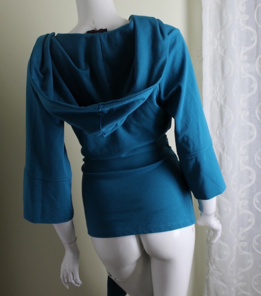 XTERAN Sz L Turquoise Art-to-Wear Wrap HOODED Cardigan